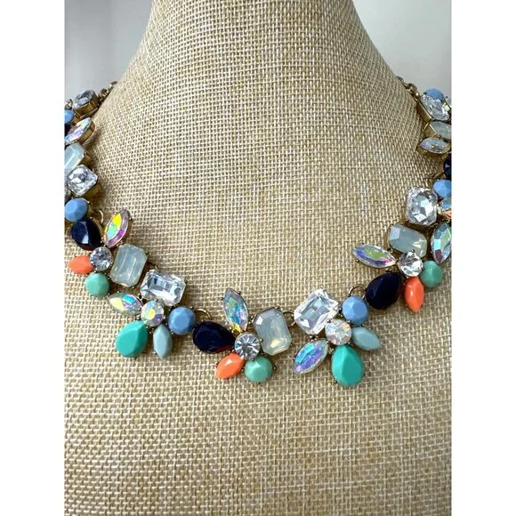 J. Crew Statement Necklace With Colorful Floral Crystal Design & Gold-Tone Chain - Picture 2 of 8